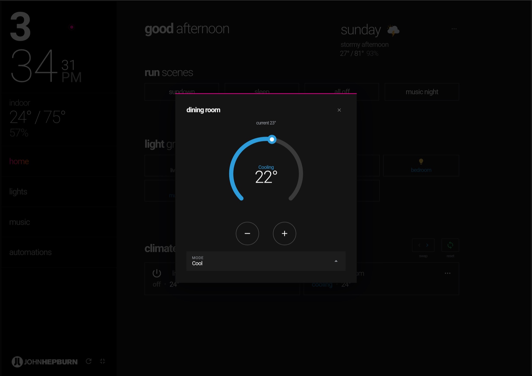 Home Assistant dashboard — long-press climate detail with cooling dial
