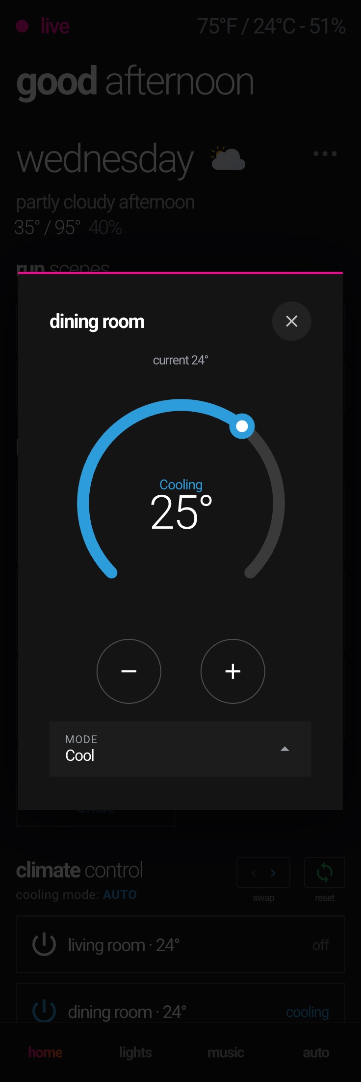 Home Assistant dashboard on a phone — long-press climate dial popup