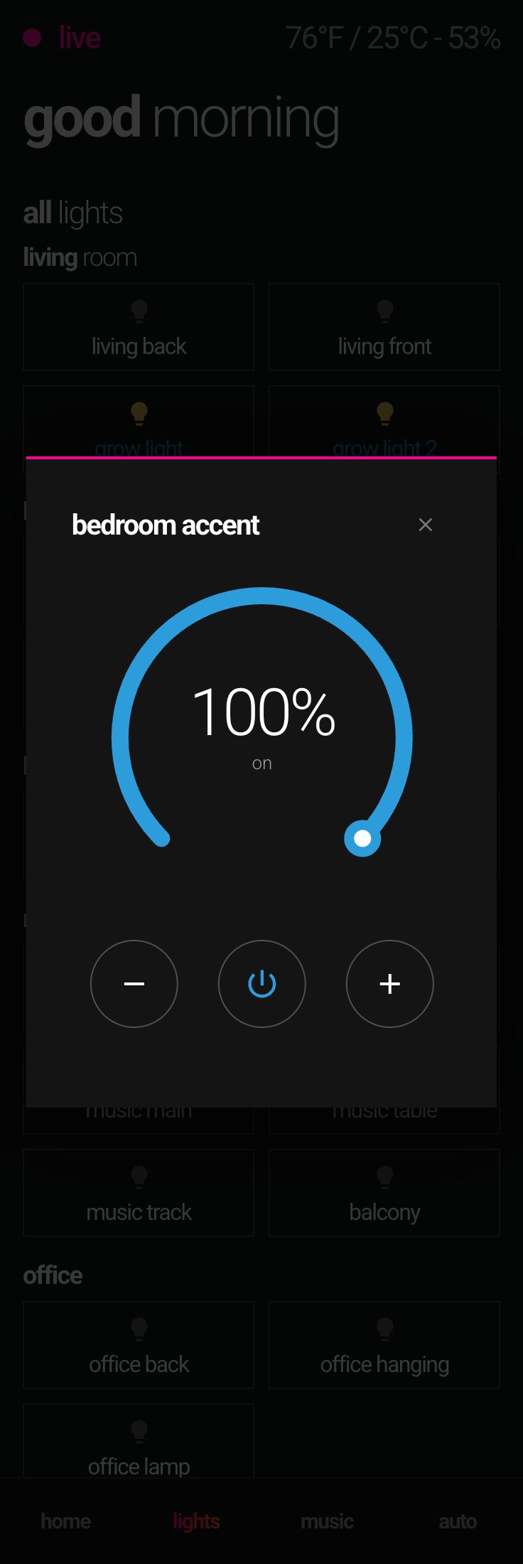Home Assistant dashboard on a phone — long-press dimmer popup