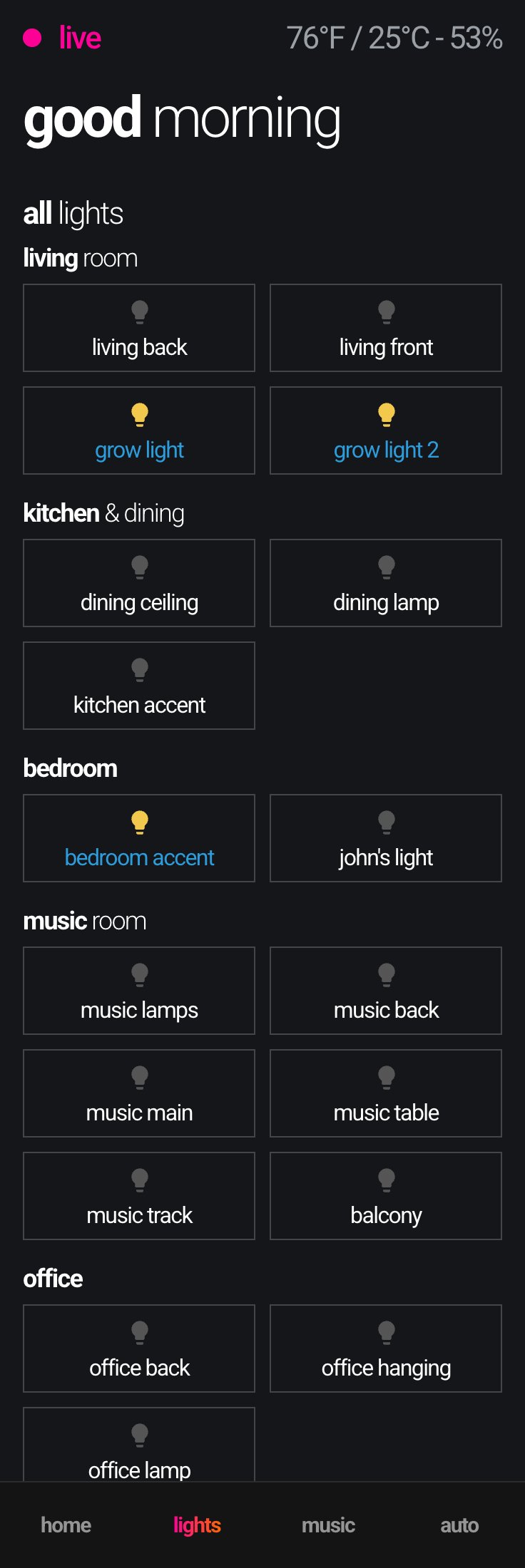 Home Assistant dashboard on a phone — lights view, full page