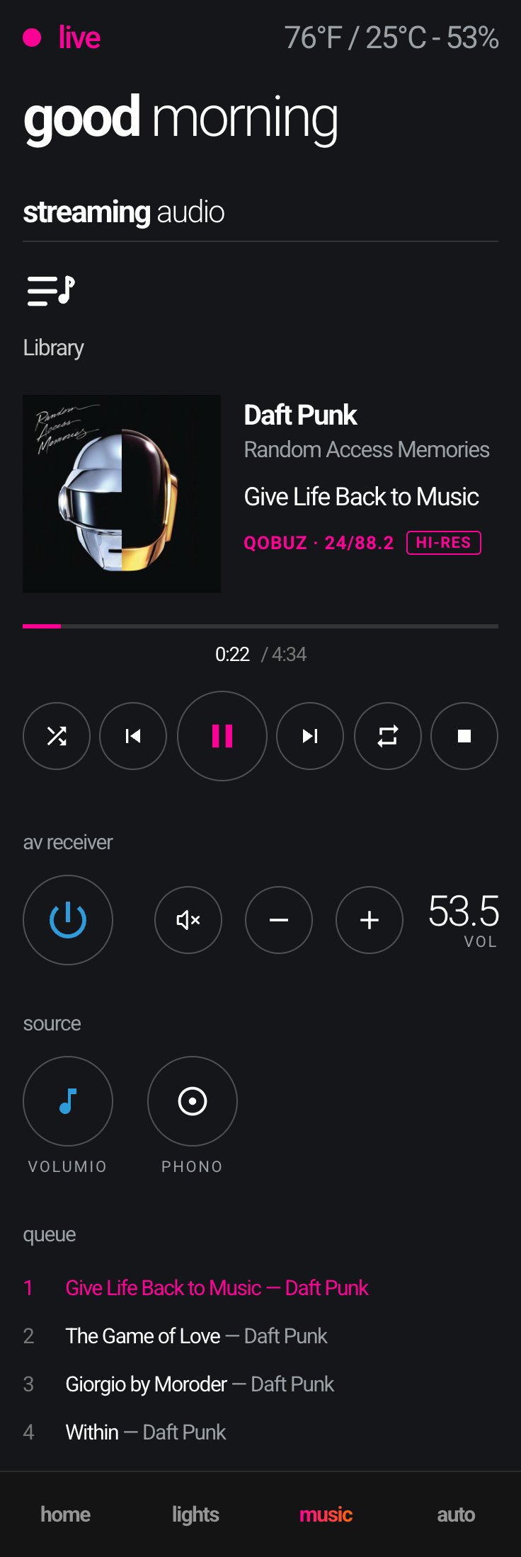 Home Assistant dashboard on a phone — music view, full page