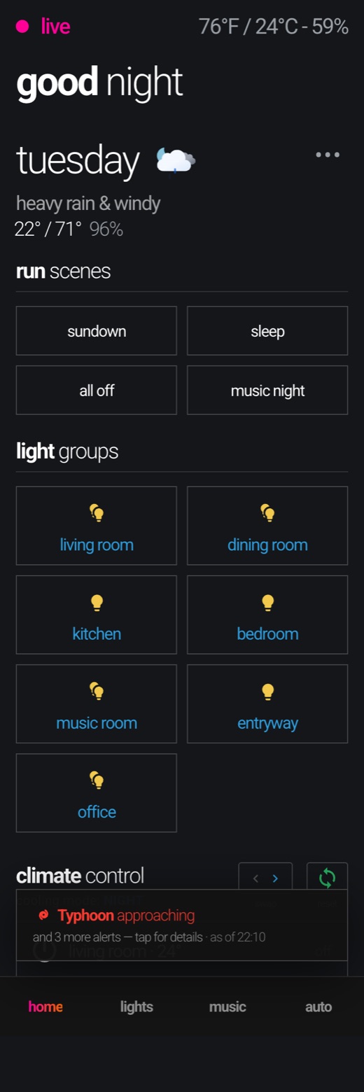 Home Assistant dashboard on a phone — home view during a typhoon