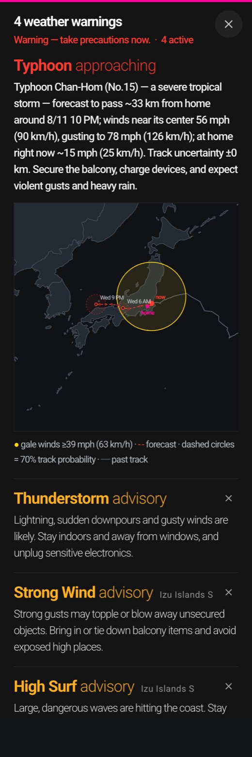 Home Assistant dashboard on a phone — typhoon warnings and track map