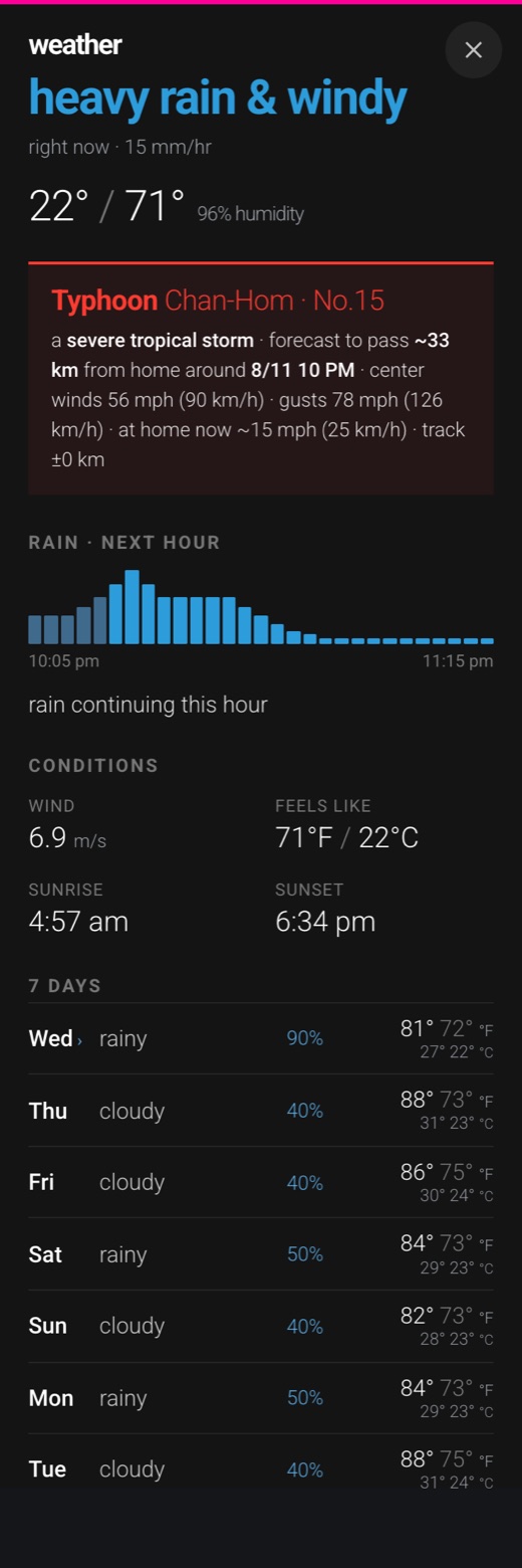 Home Assistant dashboard on a phone — weather panel with typhoon strip