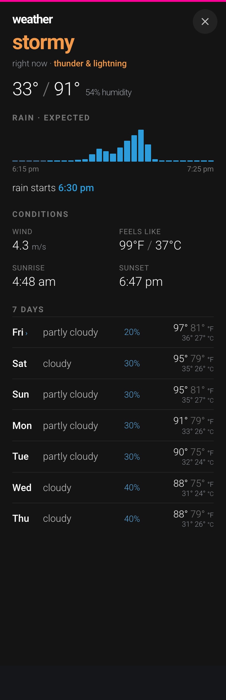 Home Assistant dashboard on a phone — weather sheet, full screen