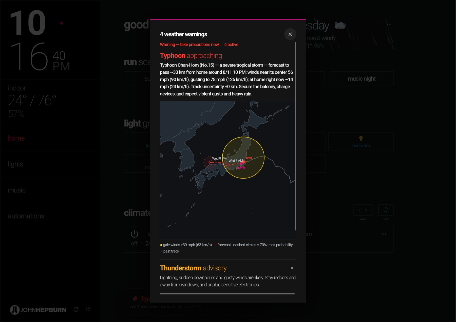 Home Assistant dashboard — warnings popup with a custom typhoon track map
