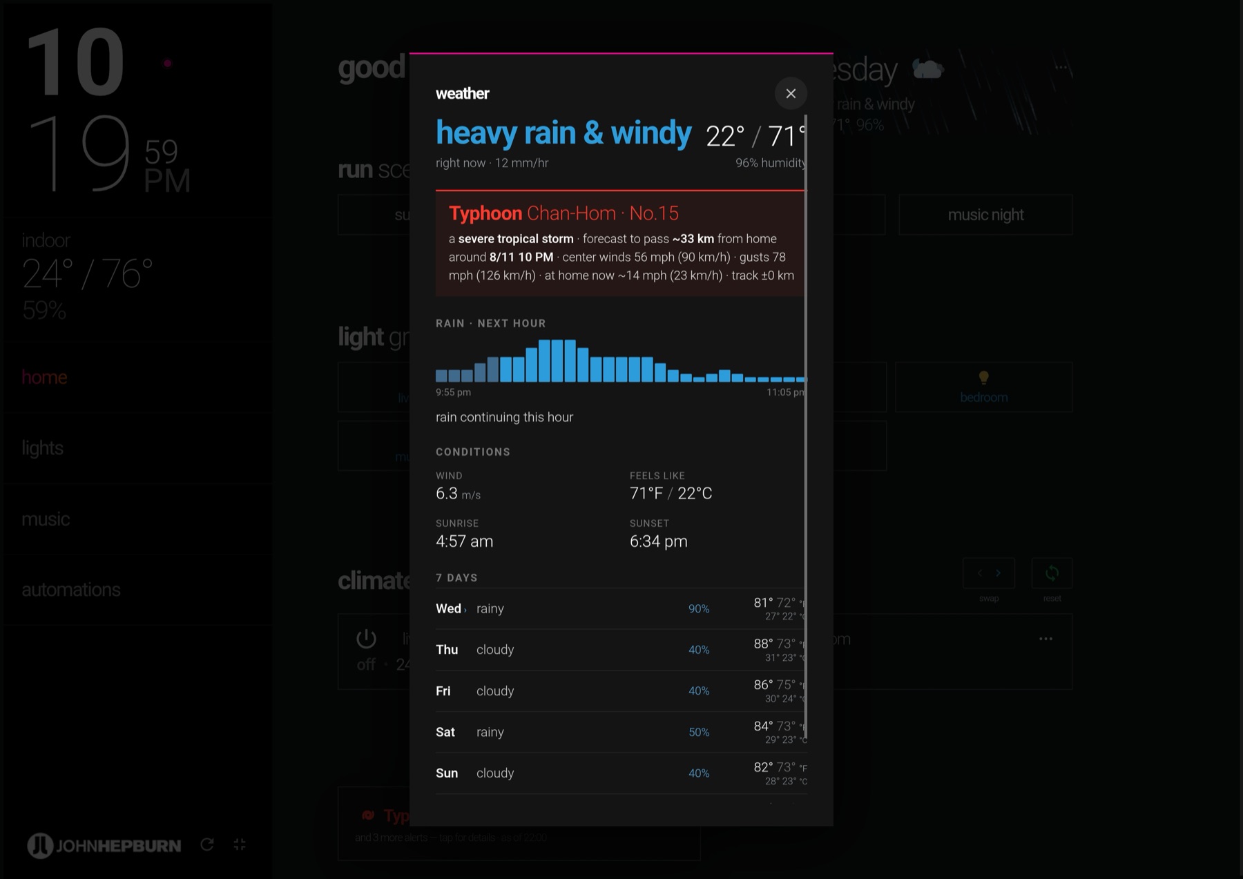 Home Assistant dashboard — weather panel with typhoon strip and live rain timeline