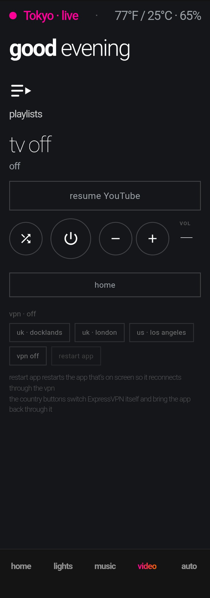 Home Assistant dashboard on a phone — video tab with the TV off and resume YouTube available