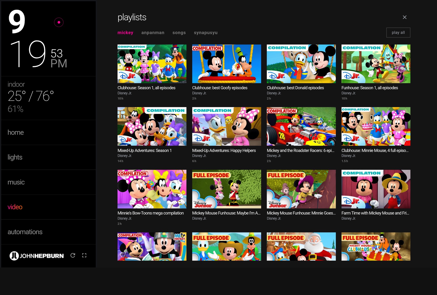 Home Assistant dashboard — video playlists overlay, Mickey Mouse tab of long compilations with duration labels